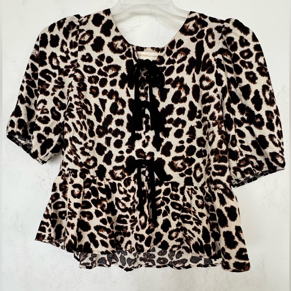 MONTEAU  Womens Leopard Print PeplumTop Blouse with Ribbon Black Bow Accents